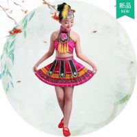 儿童少数民族服装男女童苗族演出服壮族瑶族葫芦丝舞蹈裙表演服装 上衣裙子头饰 110