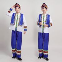 广西男士壮族演出服装贵州少数民族苗族土家族瑶族彝族男装舞台服 蓝色马甲成人男款送帽子 160/80A