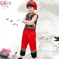 六一儿童傣族壮族舞蹈服饰佤族男女苗族演出服土家族少数民族服装 男款黑色上衣+红色裤子 140com