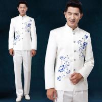 中国风青花瓷大合唱演出服男中山装新款中老年诗歌朗诵合唱团服装 款式一(刺绣青花瓷) S 身高150以上