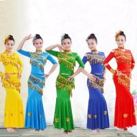 新款成人傣族舞蹈服装孔雀舞蹈裙葫芦丝演出服装民族表演服鱼尾裙 红色傣族套装 s