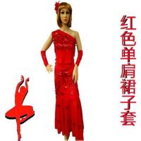 新款成人傣族舞蹈服装孔雀舞蹈裙葫芦丝演出服装民族表演服鱼尾裙 红色单肩裙子套 XXL