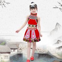 苗族六一儿童舞蹈演出服男童山歌民族服装佤族瑶族女孩表演服幼儿 红色女孩(头饰+上衣+裙子) 110(建议身高100-11