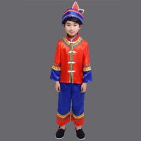 儿童壮族演出服苗族彝族云南少数民族表演服男童傣族葫芦丝服装 红蓝色无腰带款 110