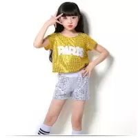 儿童爵士舞服套装亮片啦啦操啦队嘻哈演出服装女男童街舞现代舞服 黄色长款(建议拍大一码) 150