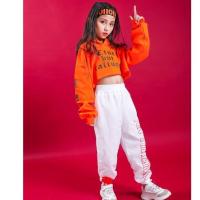儿童街舞套装男女童嘻哈演出服潮款爵士舞服少儿hiphop走秀装长袖 女款橘黄色上衣白色裤子无赠品 110