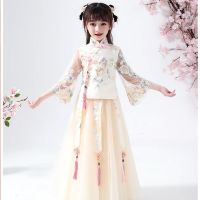 汉服女童仙女裙中国风小学生古装唐装旗袍新款套装春夏古筝演出服 香槟色玫瑰水袖 110