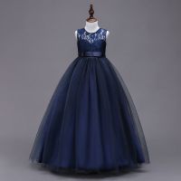 女童礼服裙子儿童公主裙洋气小女孩走秀主持人钢琴六一演出服夏装 藏青色 120cm[建议体重36-41斤穿]