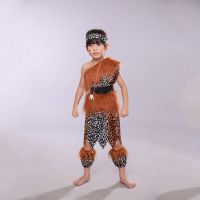 儿童非洲鼓演出服野人服装幼儿原始人表演服猎人服装印第安酋长服 渐变毛毛男童 100