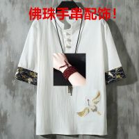亚麻短袖t恤男中国风仙鹤刺绣宽松大码胖子棉麻复古唐装半袖上衣 枣红 SL手串配饰 M 95-110斤