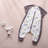 婴儿睡袋纱布分腿睡袋儿童短袖长袖小孩春夏季薄款宝宝睡衣防踢被 [简笔叶子]短袖前四后二 70码-适合身高70-80CM