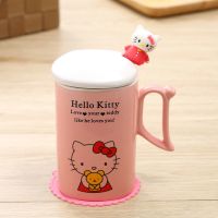 凯蒂猫哆啦A梦陶瓷杯子 卡通陶瓷水杯带盖勺情侣杯办公室简约水杯 KT猫方形单杯(无盖勺垫图案随机)