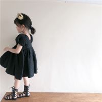 女童连衣裙夏季新款2021洋气女孩黑色复古方领泡泡袖公主裙礼服裙 黑色泡泡袖公主裙 90cm