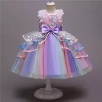 2021新款女童礼服裙玫瑰蓬蓬彩虹纱六一演出裙女童周岁礼服公主裙 紫玫瑰 110 建议身高100CM