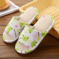 【高品质】儿童亚麻棉拖鞋女童男童小孩宝宝居家用地板春秋夏室内 花布开口青蛙 内长14.5cm适合1至2岁左右