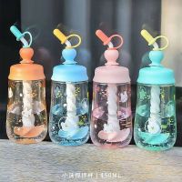 可爱小清新塑料搅拌杯带吸管手动少女心成人便携带手提绳儿童水杯 随机一色小沫450ML 单个水杯