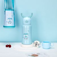 儿童保温杯带吸管两用小学生便携水壶幼儿园女婴儿宝宝智能水杯子 316三盖蓝色猫头鹰+杯套 单杯+彩盒包装