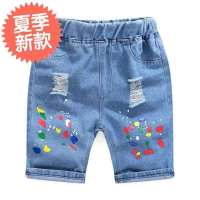 男童牛仔短裤夏季薄款裤子中小童五分裤男孩马裤软牛仔时尚牛仔裤 蓝色 印花款 140 建议身高140左右收藏优先发货