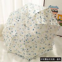 雨伞折叠双层蕾丝伞刺绣太阳伞女黑胶防晒防紫外线学生韩版遮阳伞 蕾丝花花-蓝色