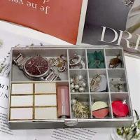 可叠加三层抽屉式水晶把手首饰盒耳环耳钉项链饰品收纳盒整理神器 大号透明款两格+九格首饰盒(灰色)