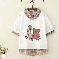 棉日系少女polo衫港风短袖t恤女ins潮宽松韩版学生森女假两件上衣 白色 XS 50-75斤