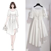 法式茶歇设计感小众不规则收腰显瘦连衣裙女夏季气质高腰中长裙子 白色 S