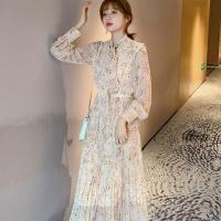 雪纺连衣裙子女装2021早春新款韩版气质轻熟风收腰长袖碎花长裙 杏色碎花 S 85-100斤