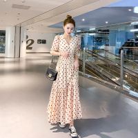 波点V领长裙夏季2021韩版新款仙女气质短袖高腰显瘦碎花连衣裙女 杏色波点裙 S 85-100斤