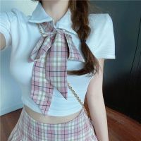 短裙上衣两件套夏季洋气减龄短袖衬衫POLO衫格子领带百褶裙子套装 白色上衣+领带 S