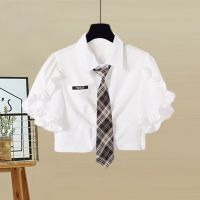 大码女装夏季套装女2021新款收腰显瘦减龄学院风短袖半身裙两件套[15天内发货] 上衣 (送领带) M [建议80-10