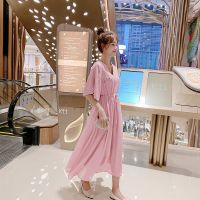 裙子新款2021夏胖妹妹大码遮肚连衣裙女收腰显瘦中长款仙女裙高档 藕色 M