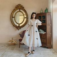 温柔风法式连衣裙复古方领欧根纱蝴蝶结夏季新款大码长款仙女裙 图片色 L 建议100-120斤