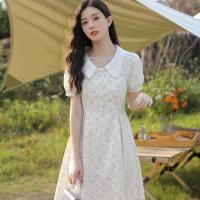 初恋裙子小个子气质高档娃娃领泡泡袖碎花连衣裙女夏2021新款夏 杏色紫花 XS 80以下