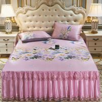 夏季可水洗机洗凉席床裙款冰丝席三件套空调软席草席印花折叠双人 春香满园-粉a 0.9x2米床+枕套一只