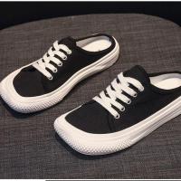 豹纹帆布鞋女2021年新款百搭小众ins板鞋方头平底丑萌憨憨大头鞋 黑色半拖 偏小一码 35