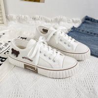 小熊网面镂空帆布鞋女春夏季透气小白鞋2021新款女鞋学生百搭板鞋 白色网面 35