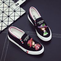 平底一脚蹬懒人鞋卡通涂鸦韩版女学生帆布鞋百搭透气休闲女鞋子 微微一(黑色) 34