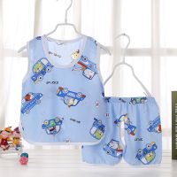 婴儿背心短裤套装绵绸夏季薄款男女宝宝夏装儿童睡衣家居服空调服 动物开车绵绸背心套装 66