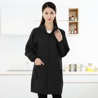 韩版时尚薄款罩衣成人女中长款防水防油污围裙长袖纽扣耐磨工作服 拉链薄款-黑色 XL(80-110)斤