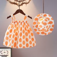 女童连衣裙韩版新款小童装2021宝宝夏装清凉漏背碎花裙儿童公主裙 桔红色 [带帽子]圆点吊带连衣裙) 80 建议身高73