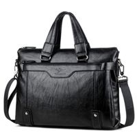 男士手提包商务休闲真皮牛皮大容量横款公文包多功能斜挎单肩袋鼠 黑色无赠品
