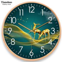 天朔静音家用挂钟客厅石英钟表卧室挂表时尚简约时钟现代创意钟表 金鹿送福 26cm(普通无日历)