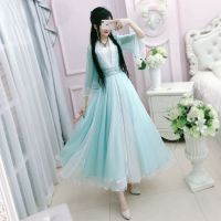 清云记开衫式连衣裙女夏复古国风改良汉服女防晒两件套雪纺长裙 青绿色[含内搭吊带裙子] S