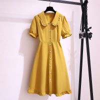 夏季新款连衣裙女中长款韩版宽松显瘦洋气娃娃领开衫小个子A字裙 黄色 S码[建议80-95斤]