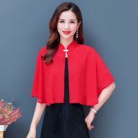 小披肩夏季新款雪纺外套女短款开衫防晒衣配旗袍吊带裙子的小外搭 红色 XL