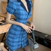 港风复古夏季西装领格子连衣裙女格纹短袖开衫收腰显瘦修身短裙潮 蓝色 S