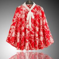 夏季新款雪纺披肩女配裙子旗袍穿的斗篷上衣大码外套防晒衣空调衫 红底白牡丹 均码