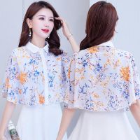 防晒披肩2021新款夏季薄款雪纺高档洋气衬衫领配裙子斗篷外搭披墨金兰花 均码 90-160斤