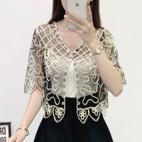 [送吊带]小披肩外套女蕾丝百搭短款夏季外搭亮片裙子薄款防晒衣 黑杏色[送吊带] M 建议[90斤-100斤]