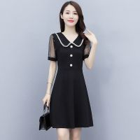 连衣裙2021新款夏季胖妹妹收腰显瘦遮肚减龄时尚娃娃领气质连衣裙 黑色 M 90-100